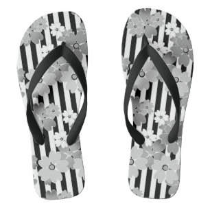 Bloemmotief zwart en wit retro gestreept teenslippers