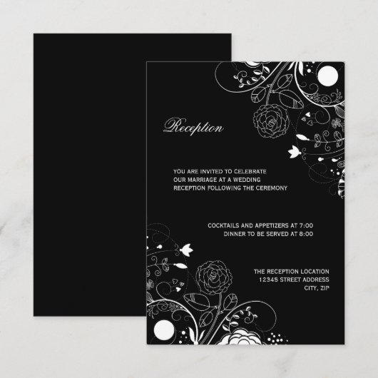 Bloemmotief Zwart/Wit - Ontvangst Uitnodiging (Voorkant / Achterkant)
