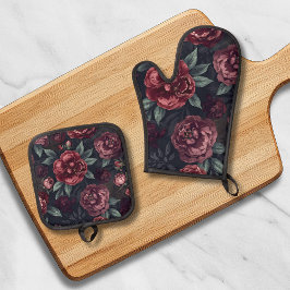 Bloemmotieven in waterverf donkerrood patroon ovenwant & pannenlap set