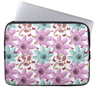 Bloemmotyl Naadloos Patroon   Roze en Mint  Laptop Sleeve