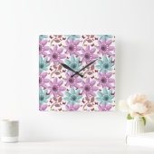 Bloemmotyl Naadloos Patroon | Roze en Mintgroen  Vierkante Klok (Huis)