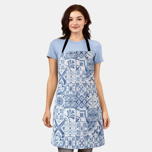 Bloemmozaïek, Blauw Mozaïekpatroon Schort (Gedragen)