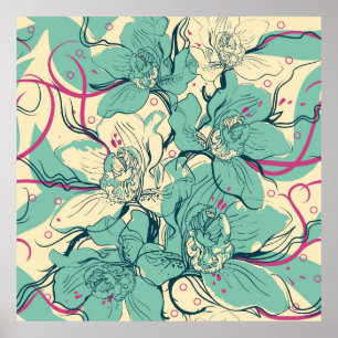 bloemnaadloos patroon met blauwe orchdismode; poster