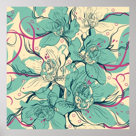 bloemnaadloos patroon met blauwe orchdismode; poster (Voorkant)