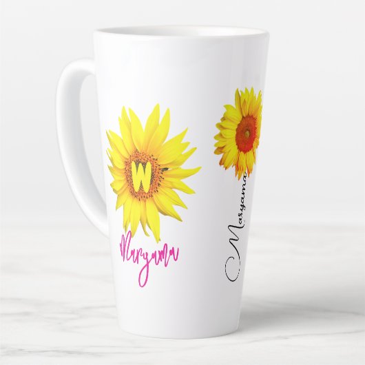 Bloemnaam en -monogram | Gepersonaliseerde zonnebl Latte Mok (Linkerhoek)