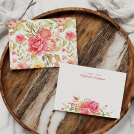 Bloemnaam & Roze Aquarel Bloemen & Groene Planten Notitiekaartje