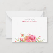 Bloemnaam & Roze Waterverf Bloemen & groen Notitiekaartje (Voorkant)