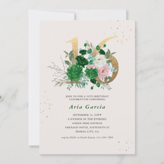Bloemnummer 16 Smaragd Groen 16e Verjaardagsfeest Kaart (Voorkant)