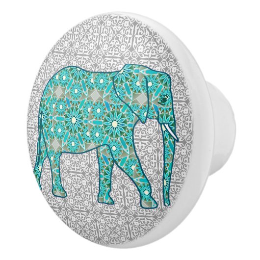Bloemolifant mandala, turkooizen, grijs en wit keramische knop (Rechts)