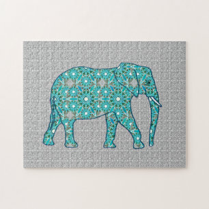 Bloemolifant mandala, turkooizen, grijs en wit legpuzzel