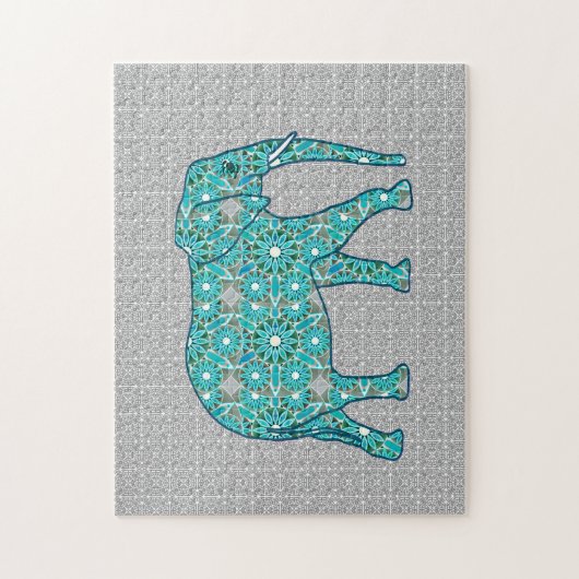Bloemolifant mandala, turkooizen, grijs en wit legpuzzel (Verticaal)