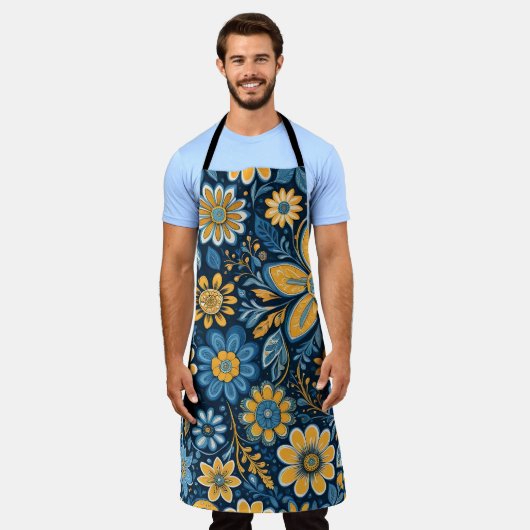  bloemontwerp Hippie Retro geel blauw Schort (Gedragen)