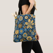  bloemontwerp Hippie Retro geel blauw Tote Bag (Dichtbij)