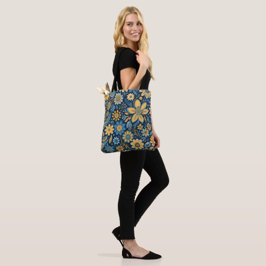 bloemontwerp Hippie Retro geel blauw Tote Bag (Op model)