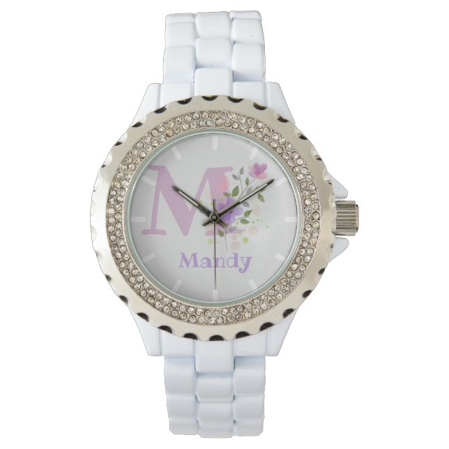 Bloemontwerp met naam Mandy & Initiaal op een Horloge (Voorkant)