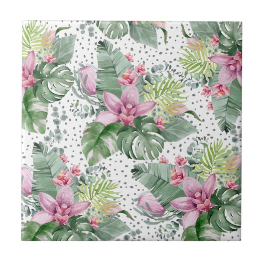 Bloempalm Waterverf Botanisch Tropisch Patroon Tegeltje (Voorkant)