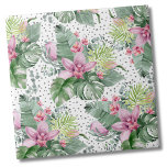 Bloempalm Waterverf Botanisch Tropisch Patroon Tegeltje<br><div class="desc">Een tropisch ontwerp dat de rustige schoonheid van de natuur omarmt, gemengd met een speelse kant. Een mix van kalmerende groene tropische bladeren, waaronder bananenbladeren, palmbomen, monstera-bladeren en roze prinsessabloemen, naast kalmerende paarse-roze orchideeënbloemen en eiwitbloei, verweven met verschillende andere planten. Het toevoegen van een element van plezier, een grijze 'rommelige...</div>