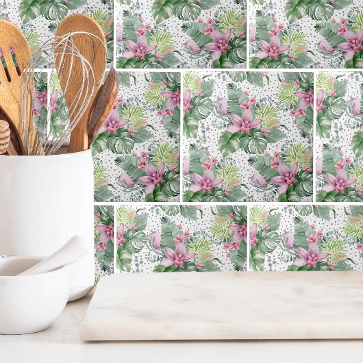 Bloempalm Waterverf Botanisch Tropisch Patroon Tegeltje