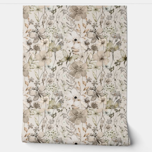 Bloemparadijs beige behangrollen - klein behang (Afrollen)