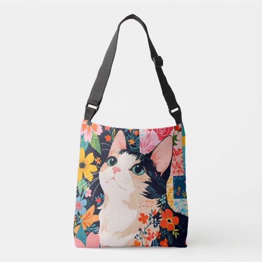 Bloempatchwork kat crossbody tas (Voorkant)