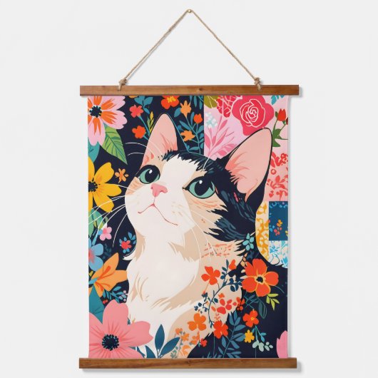 Bloempatchwork kat hangend wandkleed (Voorkant)