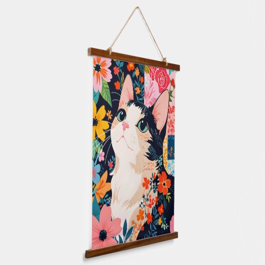 Bloempatchwork kat hangend wandkleed (Gebogen)