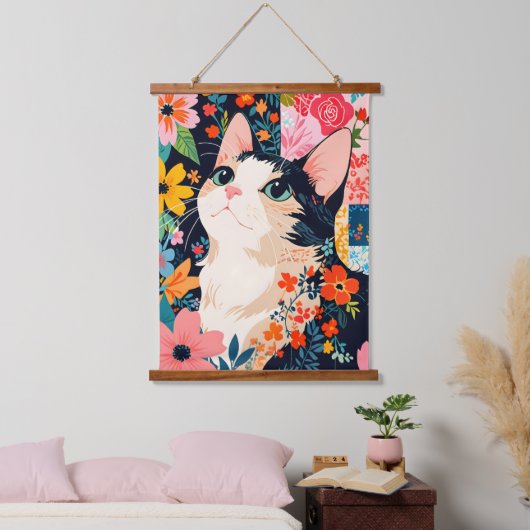 Bloempatchwork kat hangend wandkleed (Slaapkamer)
