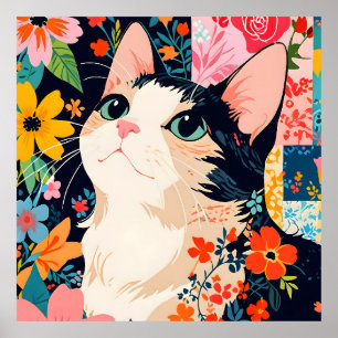 Bloempatchwork kat poster