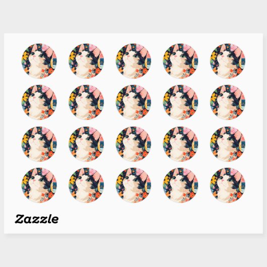 Bloempatchwork kat ronde sticker (Vel)