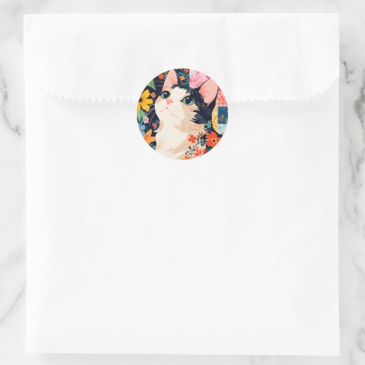 Bloempatchwork kat ronde sticker (Tas)