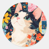 Bloempatchwork kat ronde sticker (Voorkant)