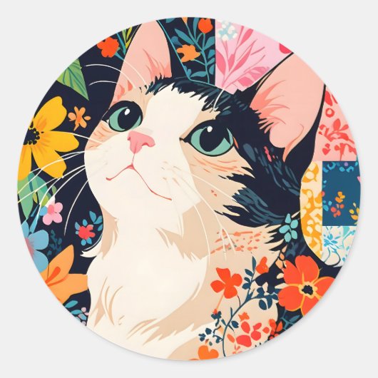 Bloempatchwork kat ronde sticker (Voorkant)