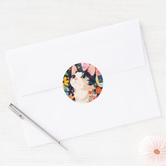 Bloempatchwork kat ronde sticker (Envelop)