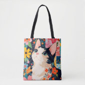 Bloempatchwork kat tote bag (Voorkant)