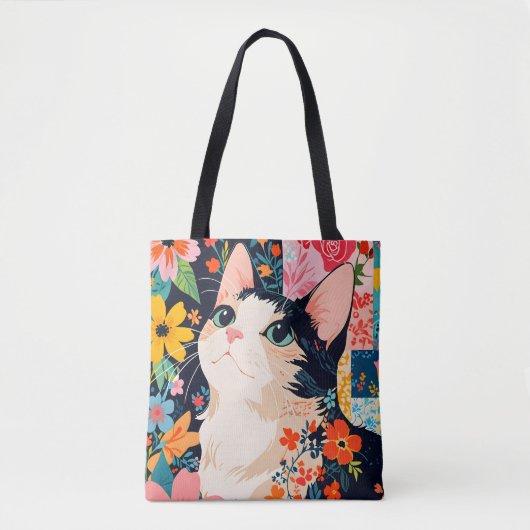 Bloempatchwork kat tote bag (Voorkant)