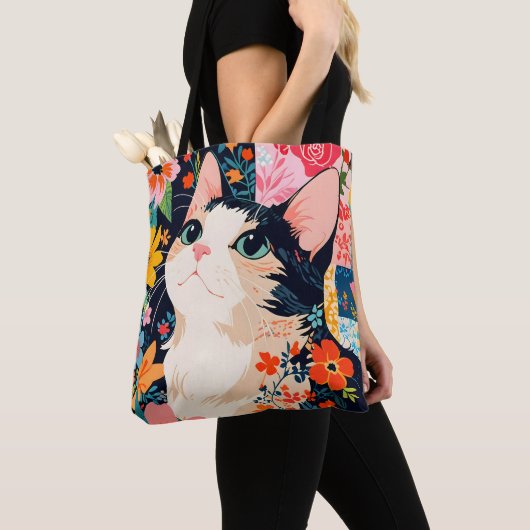 Bloempatchwork kat tote bag (Dichtbij)