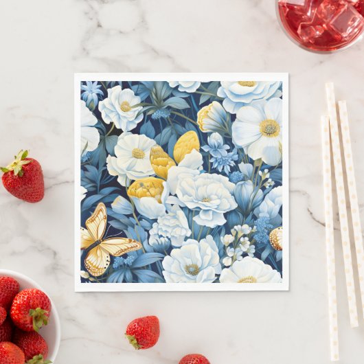 Bloempatroon, blauw, wit, goudgeel, servet (Insitu)