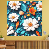 Bloempatroon Blauwe achtergrond Canvas Afdruk (Insitu (Woonkamer))