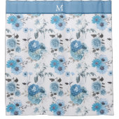 Bloempatroon Blauwe Rand Monogram Douchegordijn (Voorkant)