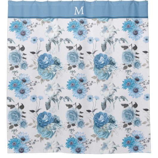 Bloempatroon Blauwe Rand Monogram Douchegordijn (Voorkant)