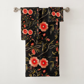 Bloempatroon Donkere achtergrond Roze Groen Rood Bad Handdoek