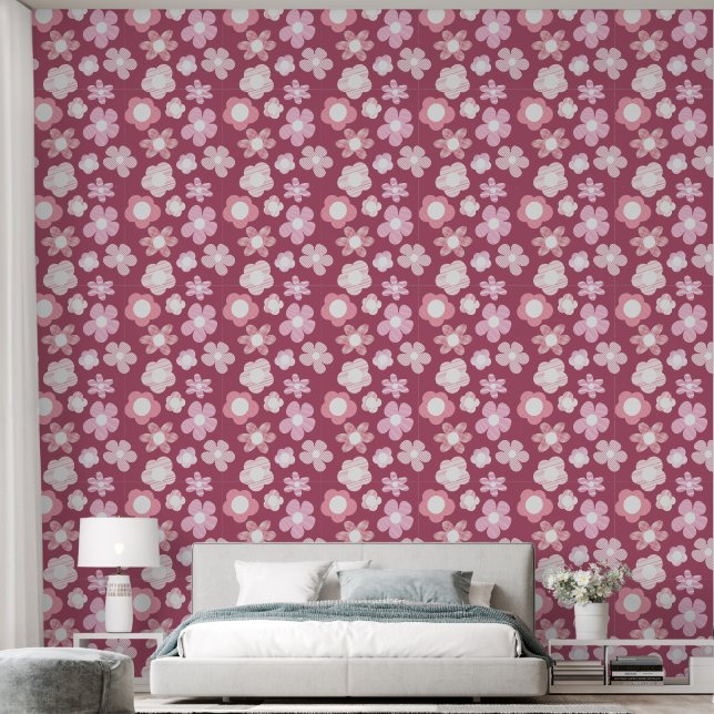 bloempatroon donkerroze behang (Slaapkamer)