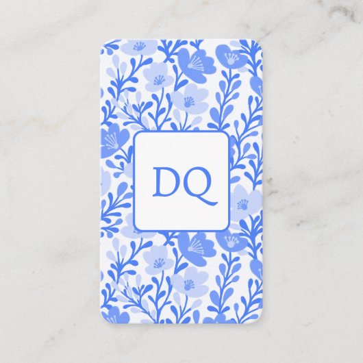 Bloempatroon Elegant Botanisch Blauw Wit Visitekaartje (Voorkant)