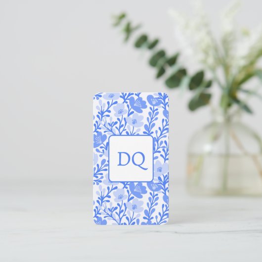 Bloempatroon Elegant Botanisch Blauw Wit Visitekaartje (Staand voorkant)