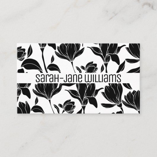 Bloempatroon Elegante Zwart Wit Chic Bloemen Visitekaartje (Voorkant)