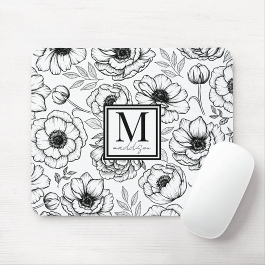 Bloempatroon gepersonaliseerd vrouwelijk monogram muismat (Met muis)