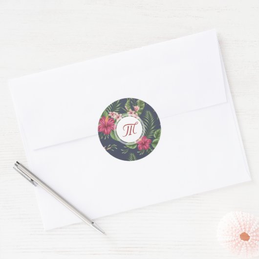 Bloempatroon Hibiscus Monogram Ronde Sticker (Envelop)