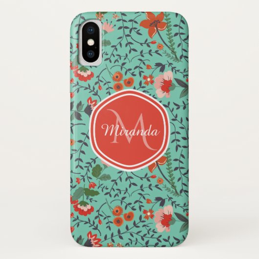 Bloempatroon in Blauwgroen en Sinaasappel en Rood Case-Mate iPhone Case (Achterkant)