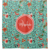 Bloempatroon in Blauwgroen en Sinaasappel en Rood Douchegordijn (Voorkant)