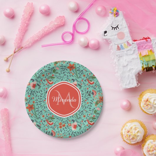 Bloempatroon in Blauwgroen en Sinaasappel en Rood Papieren Bordje (Feest)